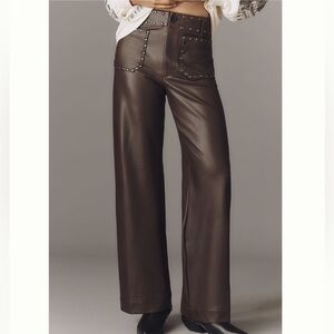Anthro Maeve Colette Faux Leather Pants 31 Tall NWT | Studded Wide Leg Brown